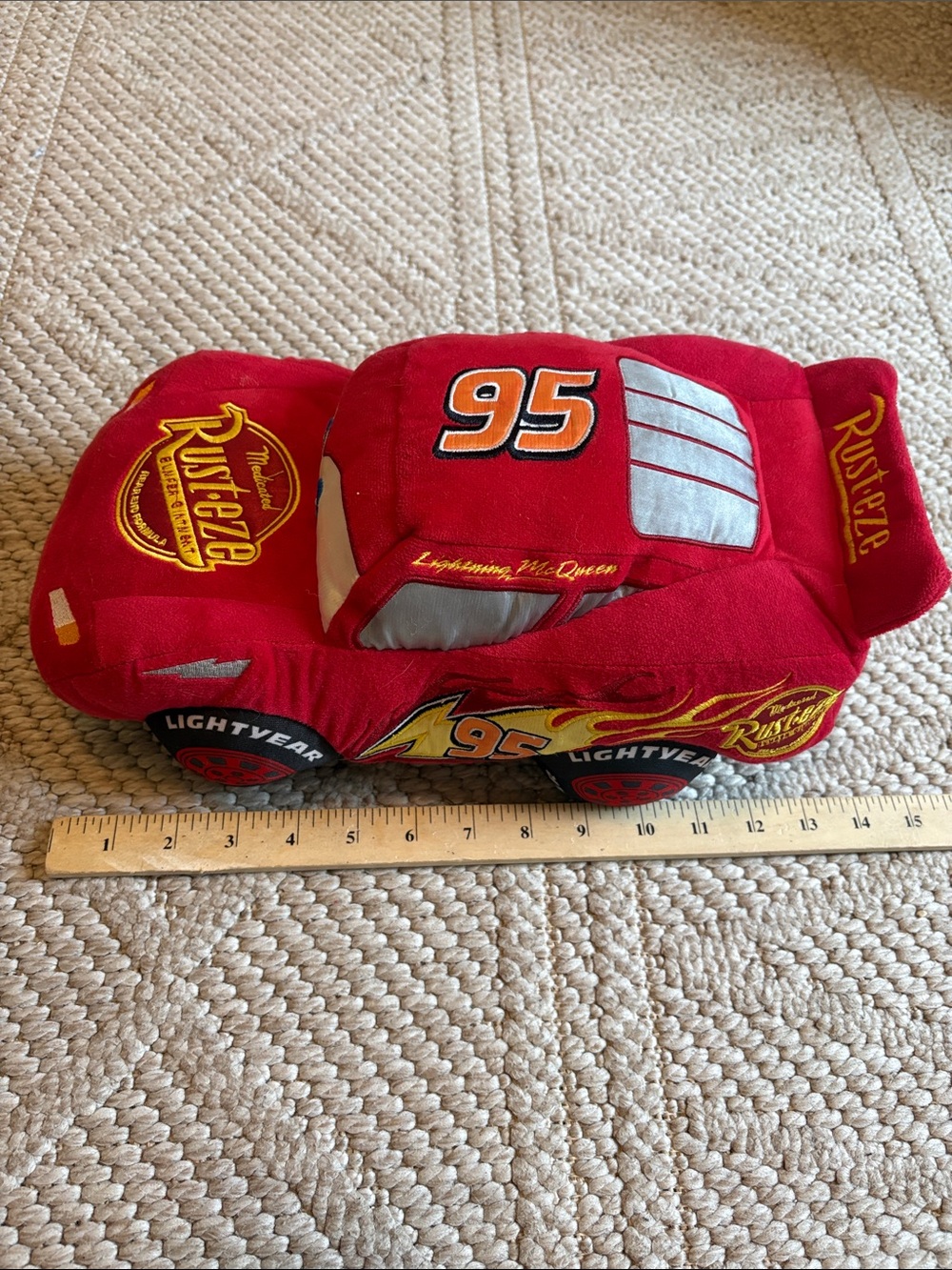 Disney Store Pixar Cars 2 Lightning McQueen Pillow 13” World Gran embroidered